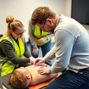 Employees practise CPR on an unconscious casualty during workplace first aid training.